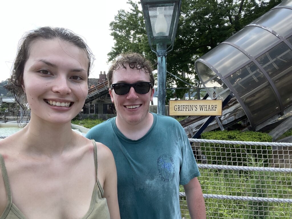 Friends at a lake park after a water ride